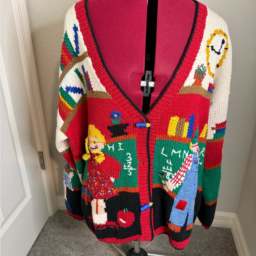 vintage Belle Pointe or Eagle's Eye teacher themed novelty knit cardigan sweater